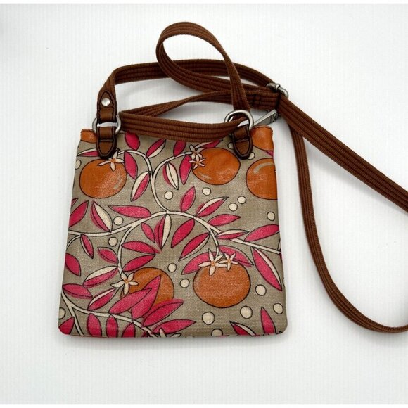 Fossil Key-Per Coated Canvas Crossbody Bag Tan Pink Green Polka Dot Lining - Picture 1 of 11